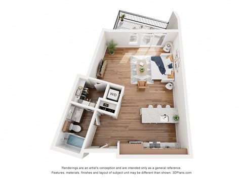 Floor plan for studio, 1 bath, 647 sqft